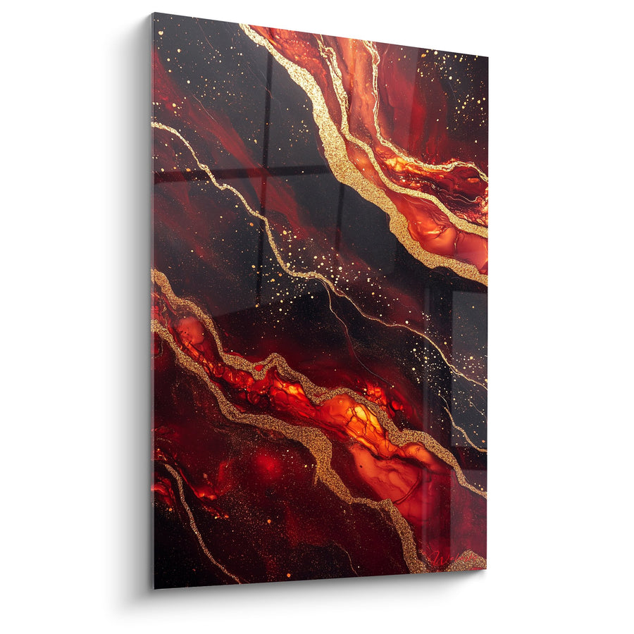 Tableau fluides rouge et or aux veines dorées - Fusion Ardente - Edition Marbre abstrait