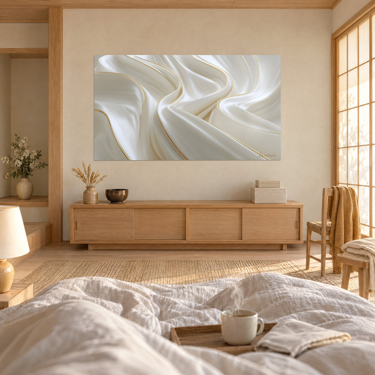 Schilderij van gebroken wit satijn met fijne gouden lijnen, beige muur, lichte sprei op het bed, boven een bed in een lichte slaapkamer