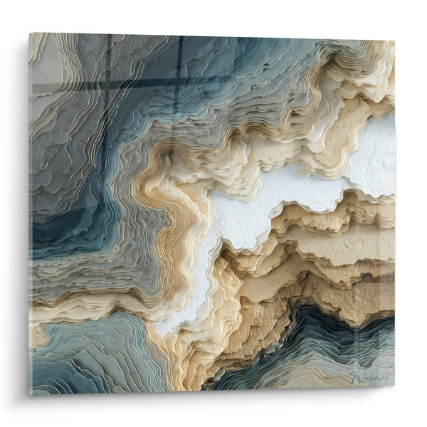 Schilderij Golvende Straten Blauw Grijs en Beige - Mineraal Vloeibaar - Abstracte Marmer Editie