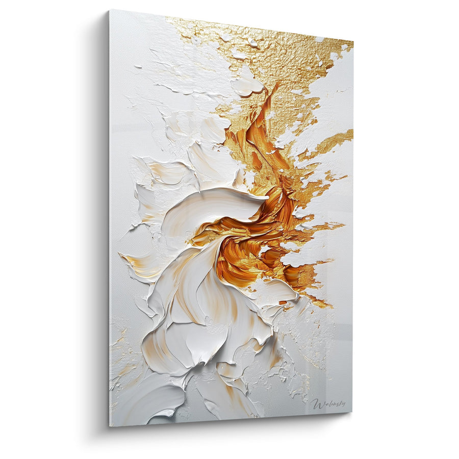 Tableau Tourbillons Dorés et Blancs Nacrés - Élégance Fluide - Edition Marbre abstrait