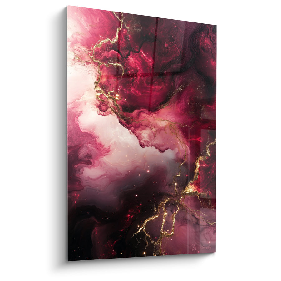 Tableau Tourbillons Roses et Dorés aux Veines Scintillantes - Tempête Écarlate - Edition Marbre abstrait