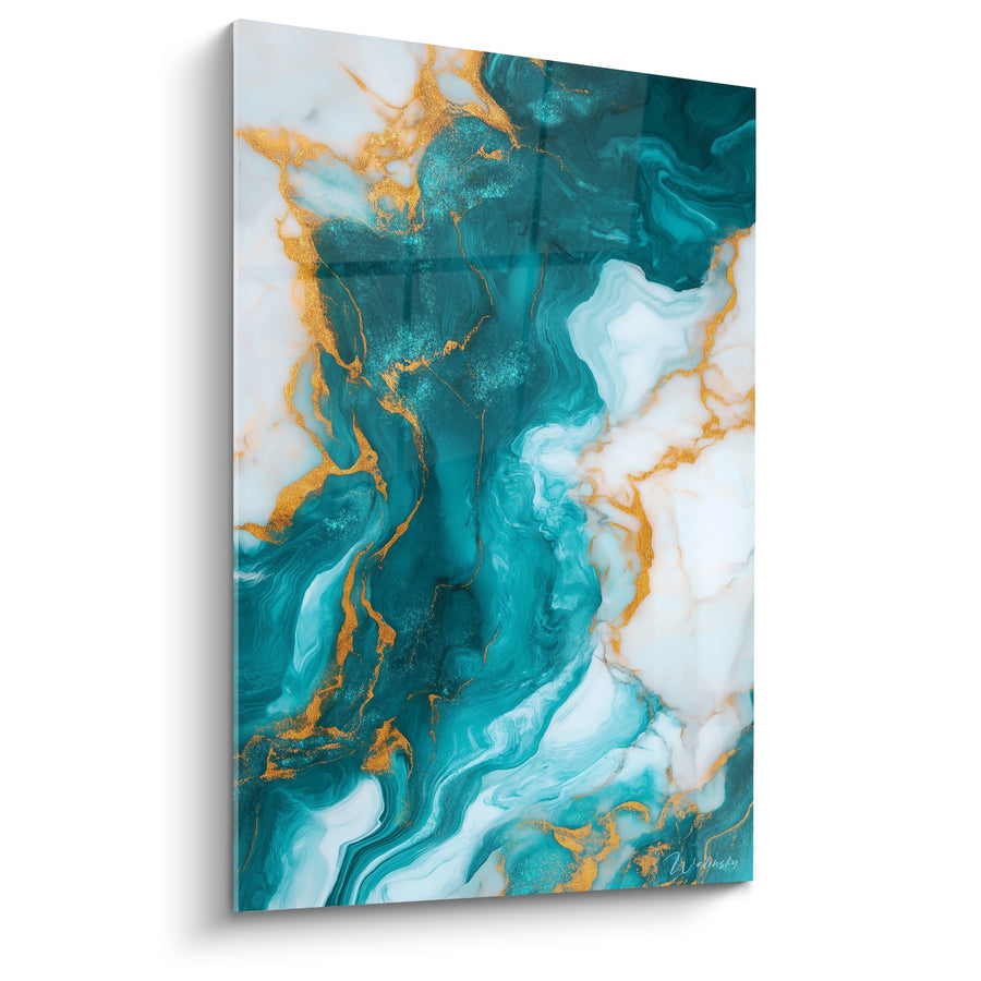 Tableau tourbillons turquoise et blanc avec veines dorées - Océan Doré - Edition Marbre abstrait