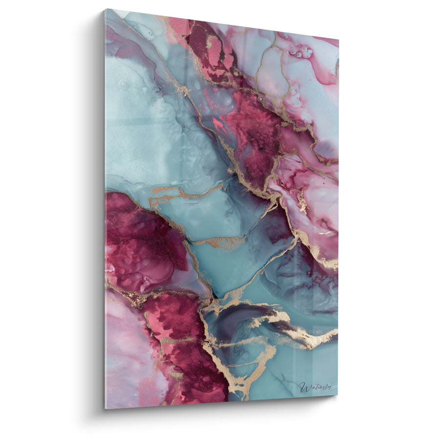 Tableau nuances turquoise et bordeaux avec veines dorées fluides - Harmonie Cristalline - Edition Marbre abstrait