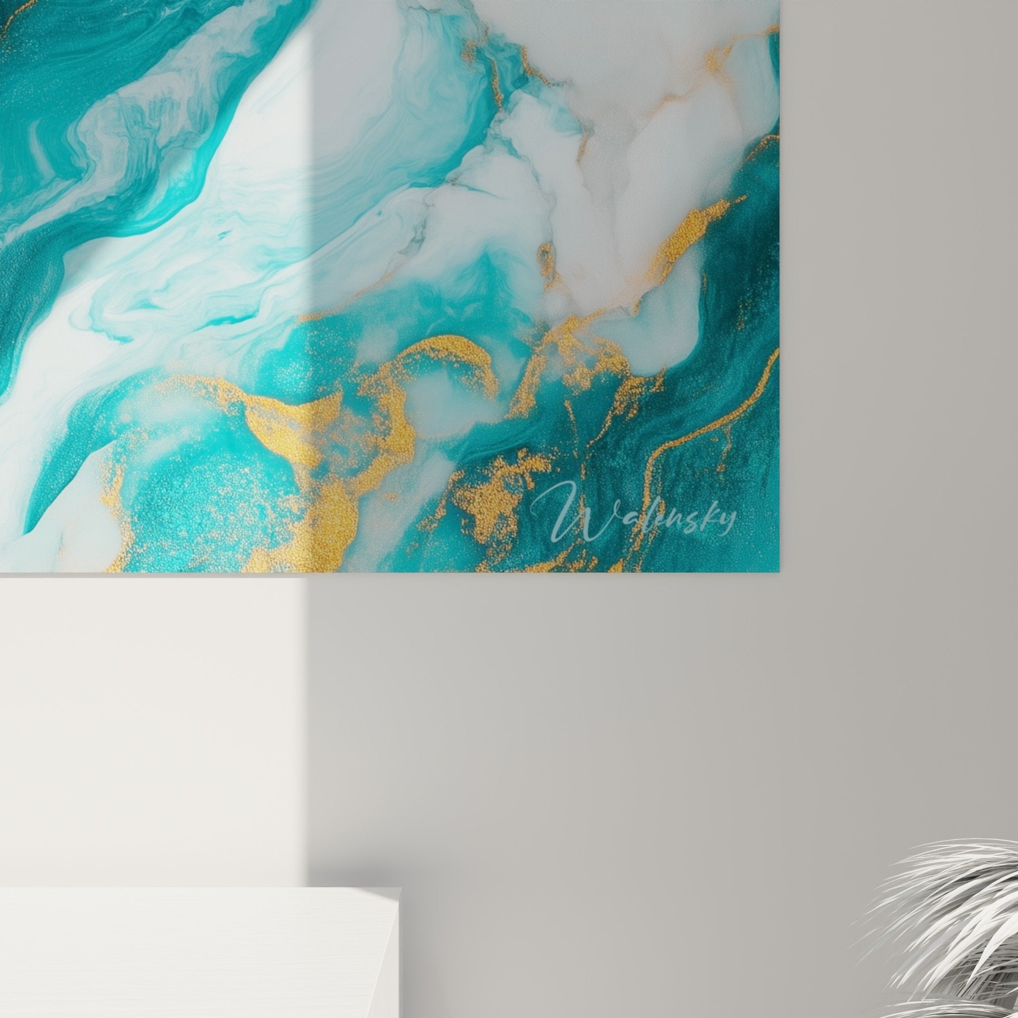 vue perspective tableau marbre abstrait turquoise blanc dore dans interieur moderne