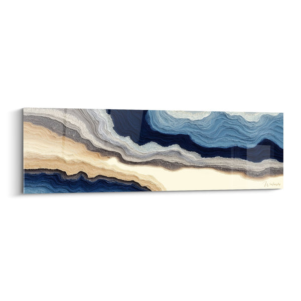 Schilderij met vloeiende golven in oceaanblauw en goudcrème - Vloeibare Harmonie - Abstracte Marmeren Editie
