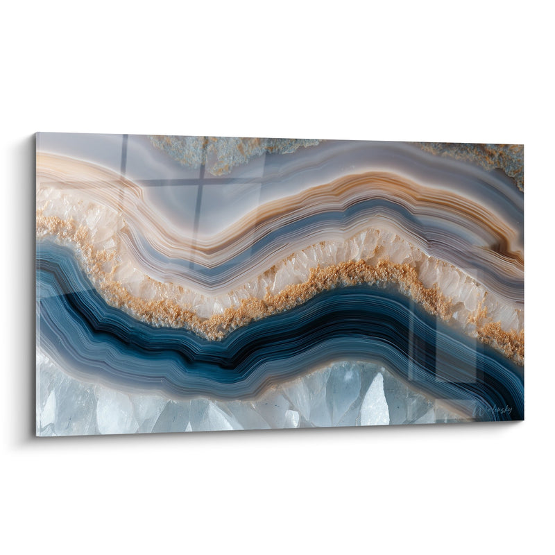 Gemälde blaue und goldene Kristallwellen in fließenden Fluiden - Flüssiges Kristall - Edition Abstrakter Marmor