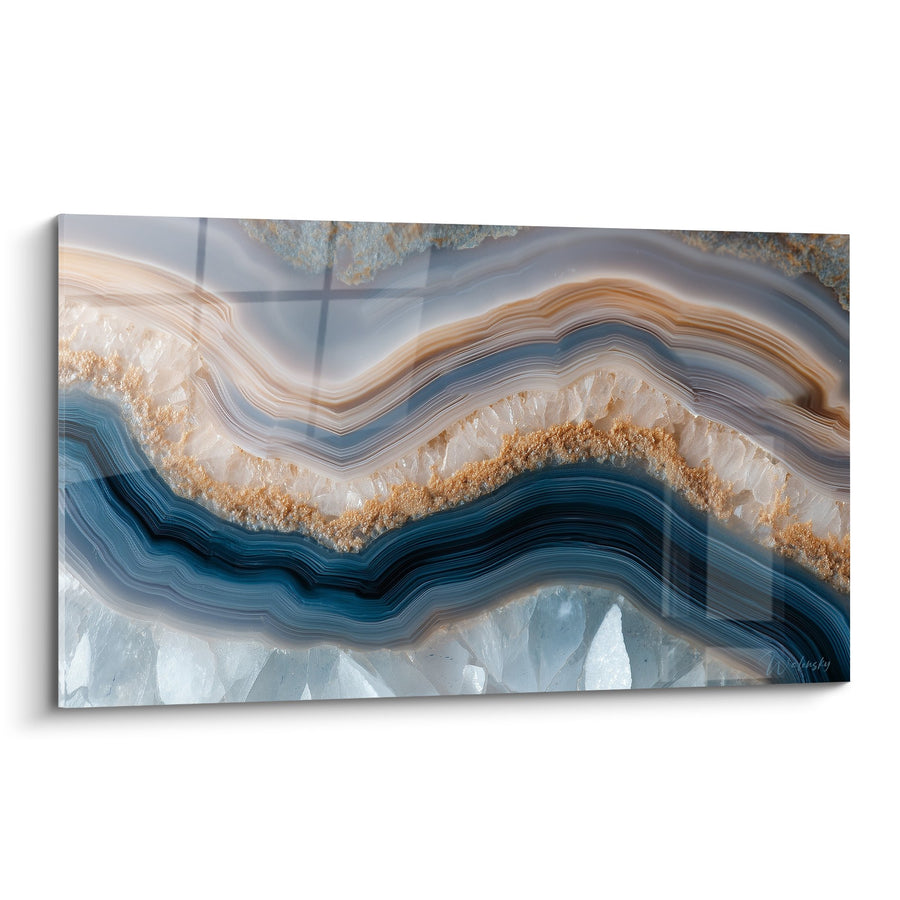 Gemälde blaue und goldene Kristallwellen in fließenden Fluiden - Flüssiges Kristall - Edition Abstrakter Marmor