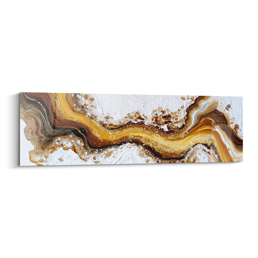 Tableau Vagues Dorées et Blanches aux Reflets Nacrés - Fluide Doré - Edition Marbre abstrait