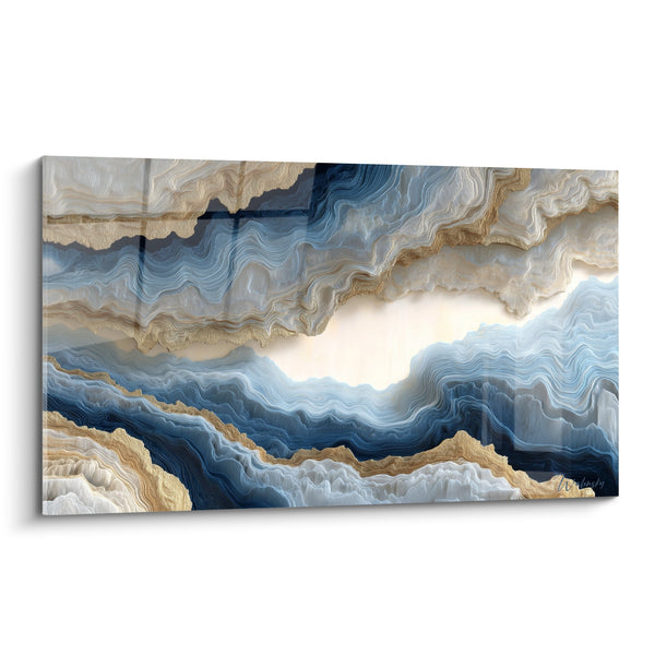 Schilderij met Blauw-Gouden Golvende Aders - Mineraal Ontsnapping - Abstracte Marmer Editie