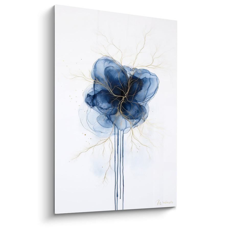 Tableau veines bleues et dorées sur fond blanc minéral avec cristallisations - Fusion Minérale - Edition Marbre abstrait