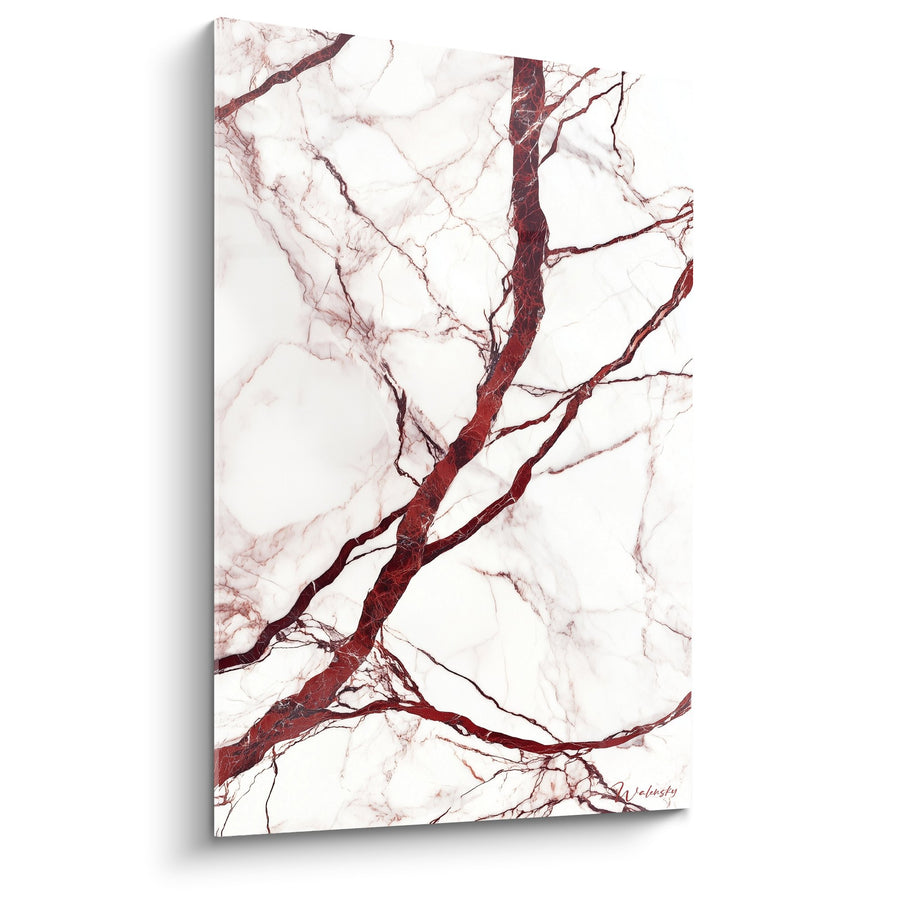 Tableau fissures cramoisies et veines pourpres sur fond nacré - Passion minérale - Edition Marbre abstrait