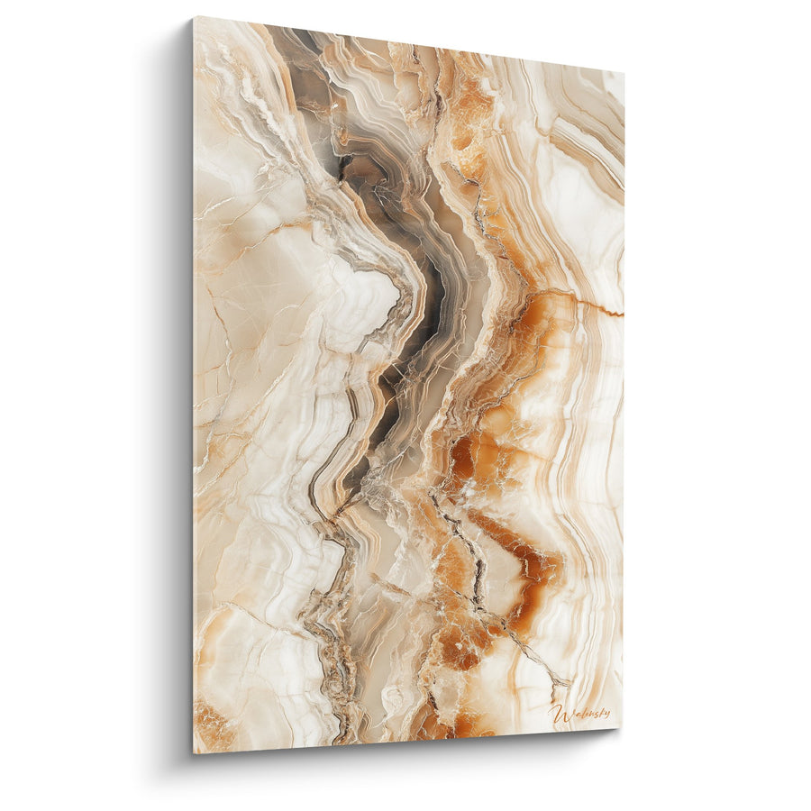 Tableau veines dorées et beiges fluides sur fond nacré - Ondulations minérales - Edition Marbre abstrait
