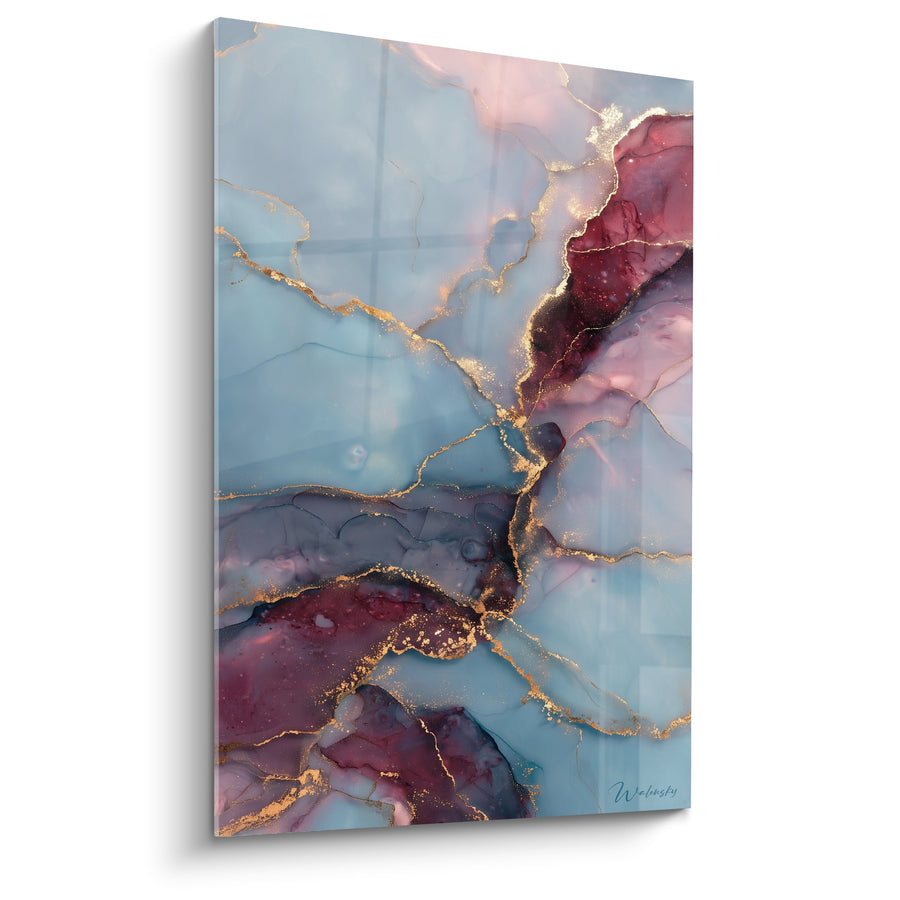 Tableau veines dorées sur nuances bleu ciel et bordeaux - Harmonie Céleste - Edition Marbre abstrait