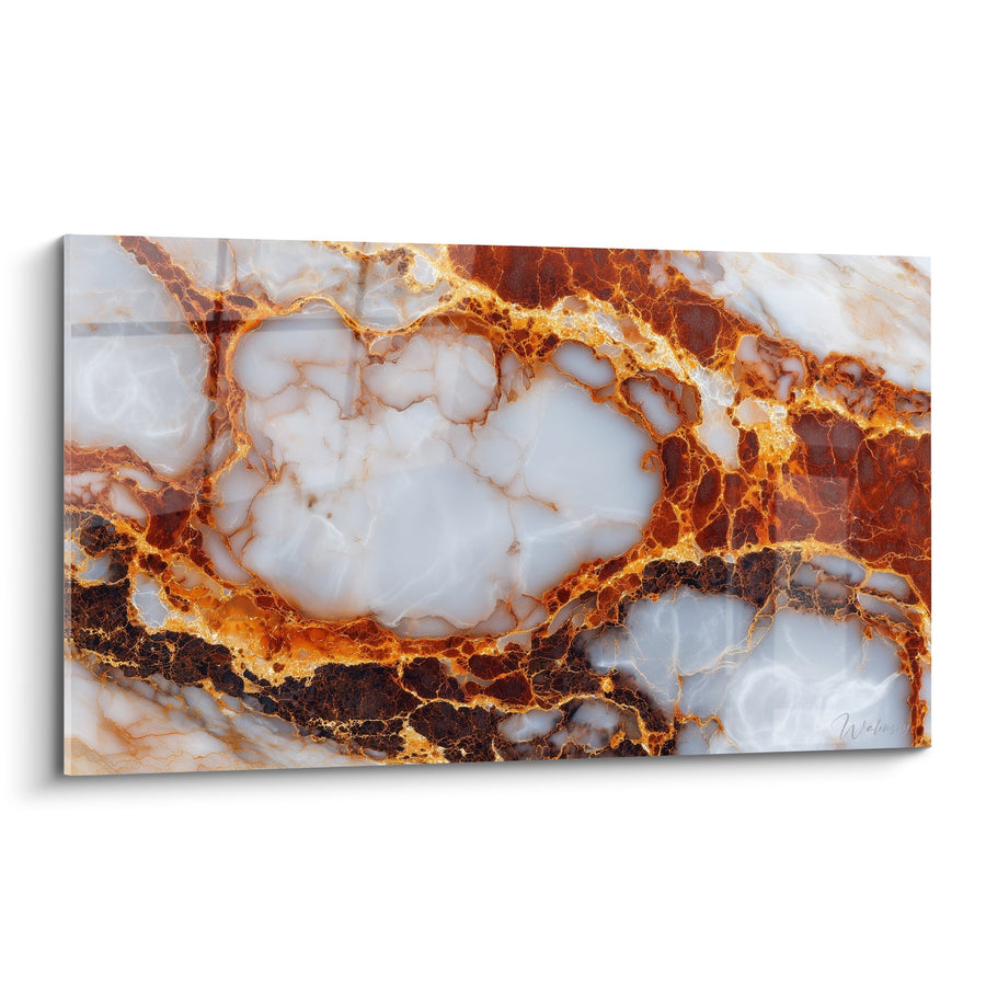Bild mit goldenen und rostfarbenen Adern auf perlmutterweißem Untergrund - Mineralische Fusion - Edition Abstrakter Marmor