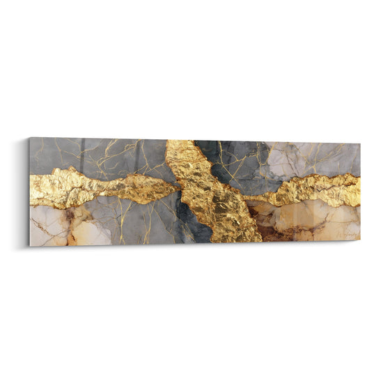 Panoramisch schilderij met gouden aders en grijsbeige tinten - Minerale fusie - Abstract marmer editie