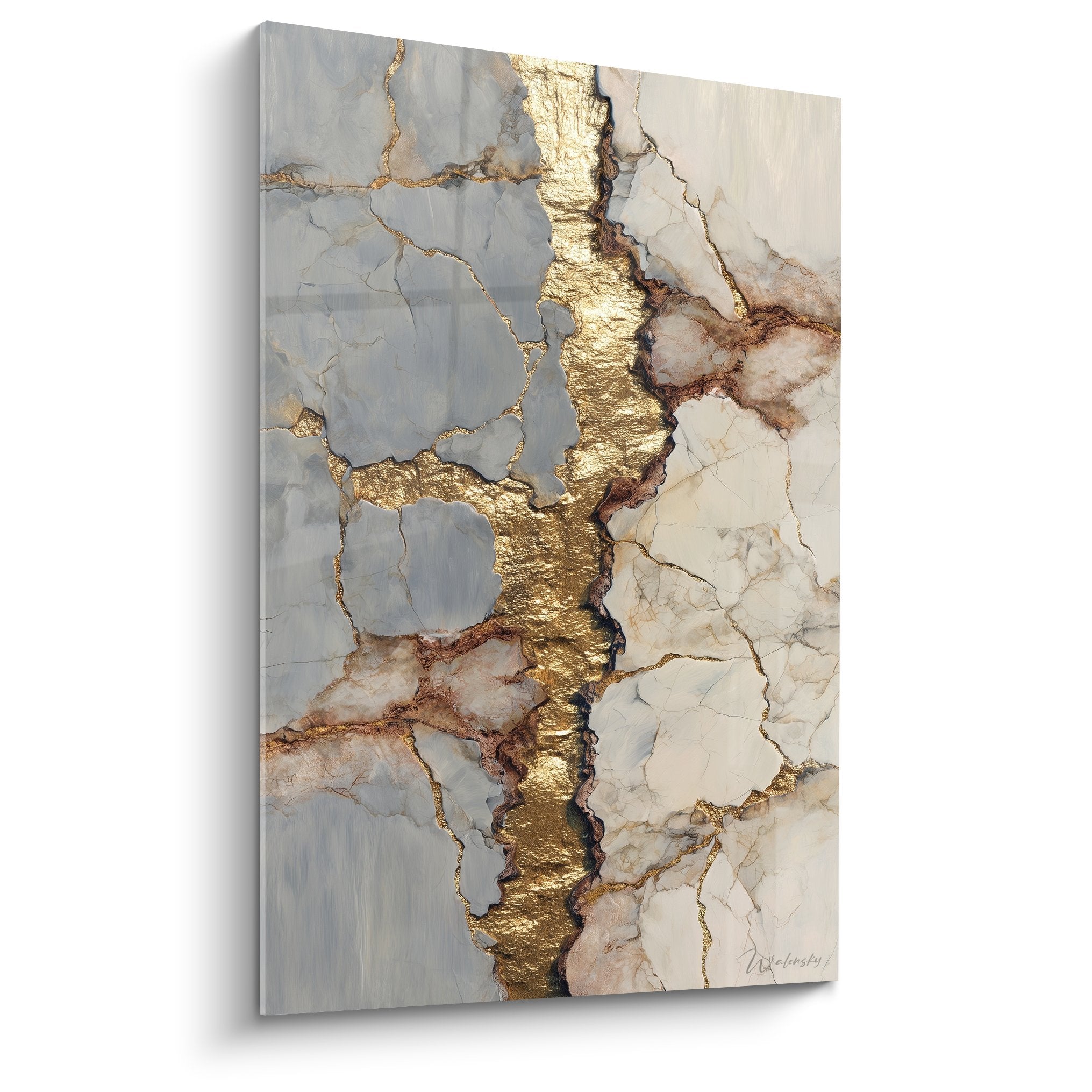 Abstract marble painting with striking golden veins on gray and beige background, sophisticated cracked texture