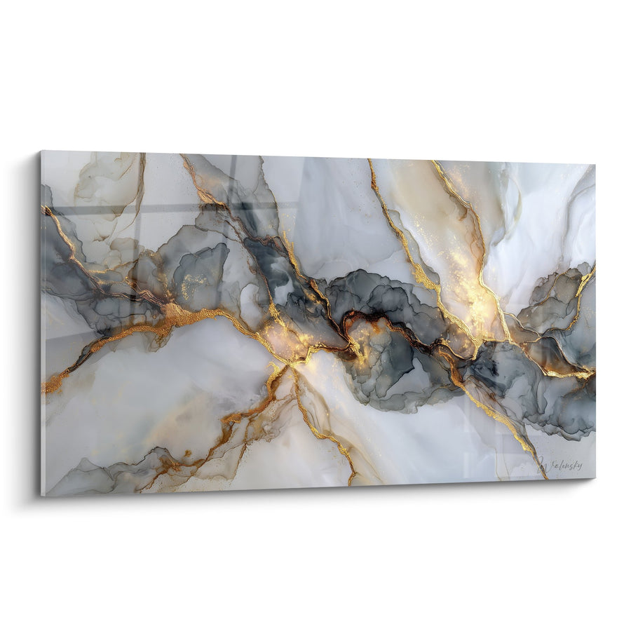Wandbild goldene Adern und graue Wolken auf perlmuttartig weißem Hintergrund - Mineralische Eleganz - Kollektion Abstrakte Marmor