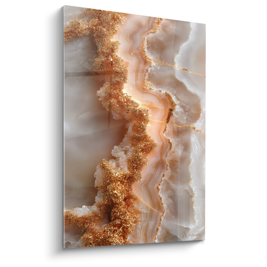 Tableau veines dorées scintillantes sur fond nacré blanc et beige - Luxure Minérale - Edition Marbre abstrait