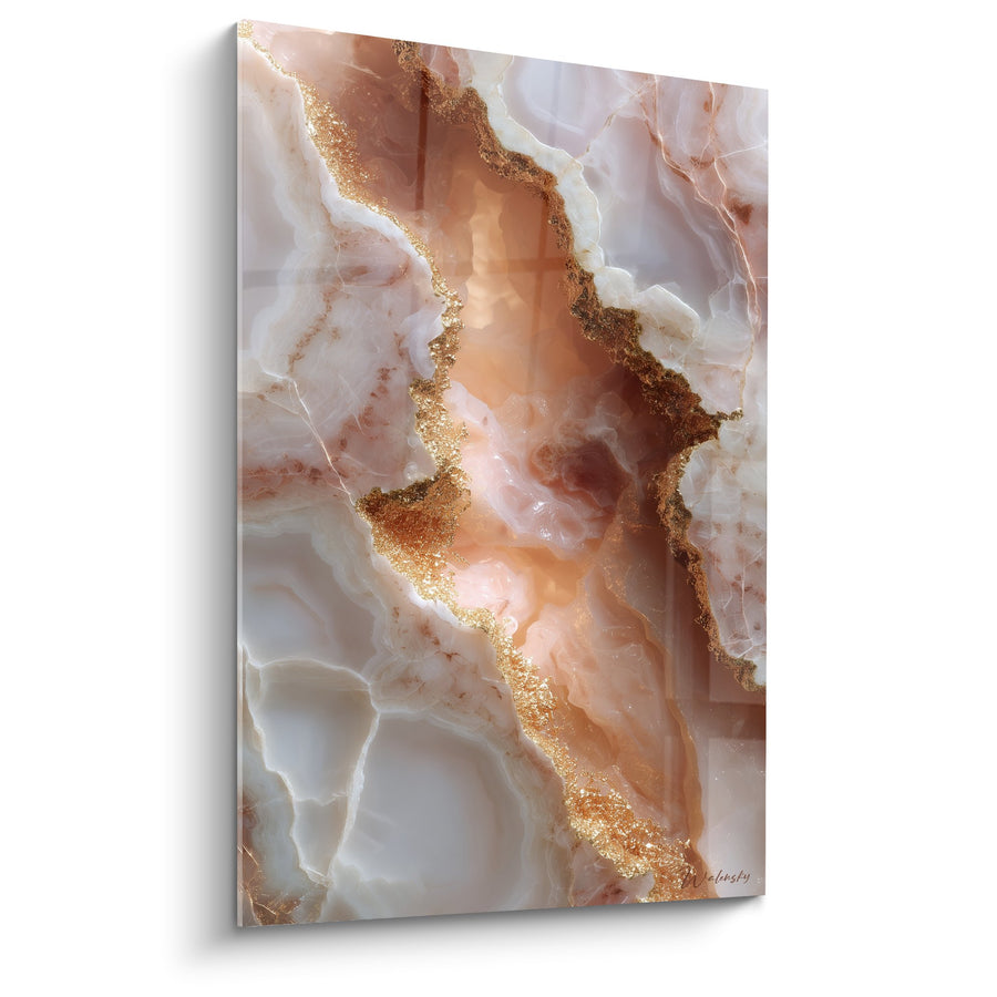 Tableau veines dorées sur marbre rose et blanc nacré - Luxe minéral - Edition Marbre abstrait
