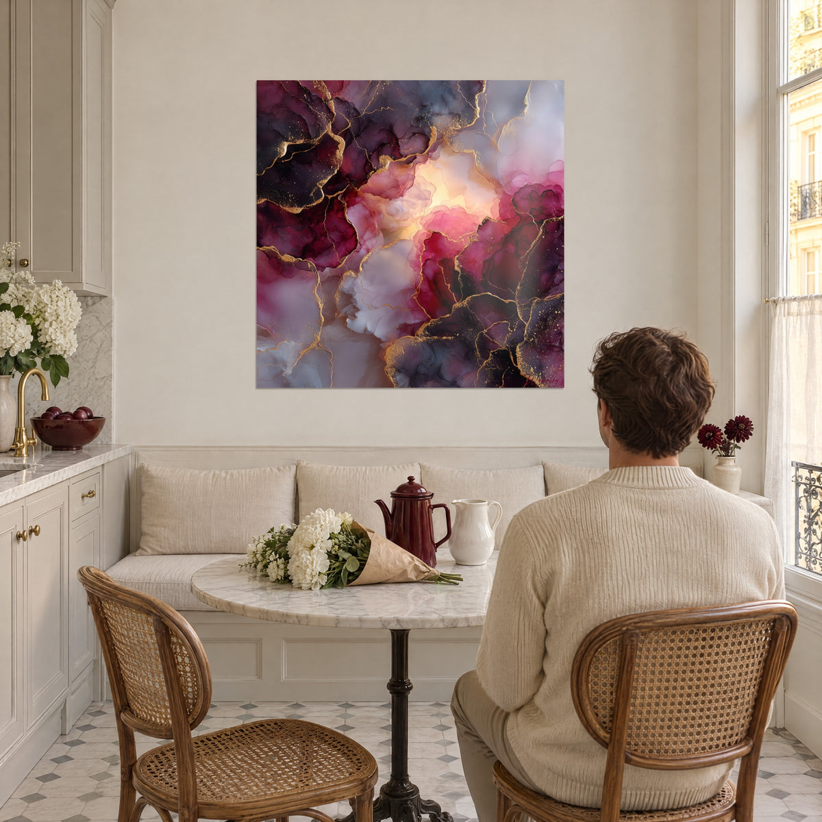 Schilderij minerale symfonie in granaatrood en parelgrijs, verspreide gouden glitter, tegenover een ronde marmeren tafel, Haussmann-keuken