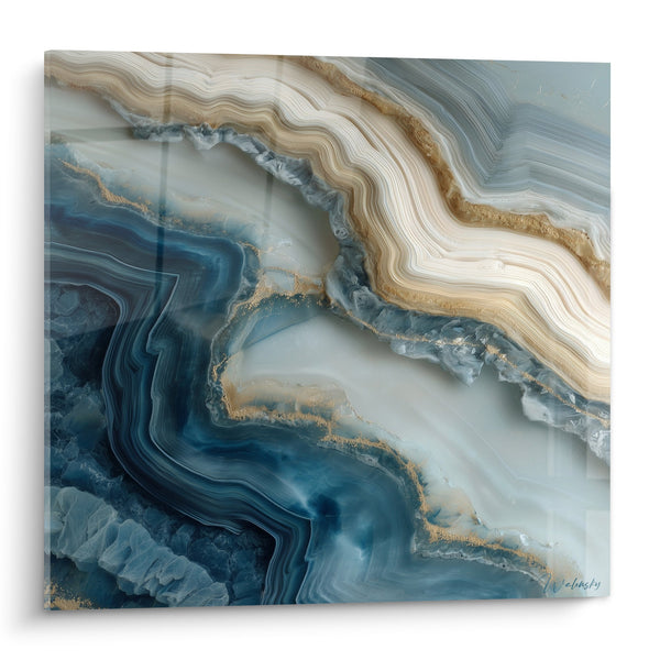 Tabel met vloeiende aderen blauw en goud met kristallijne golven - Mineraal Harmonie - Abstracte Marmer Editie