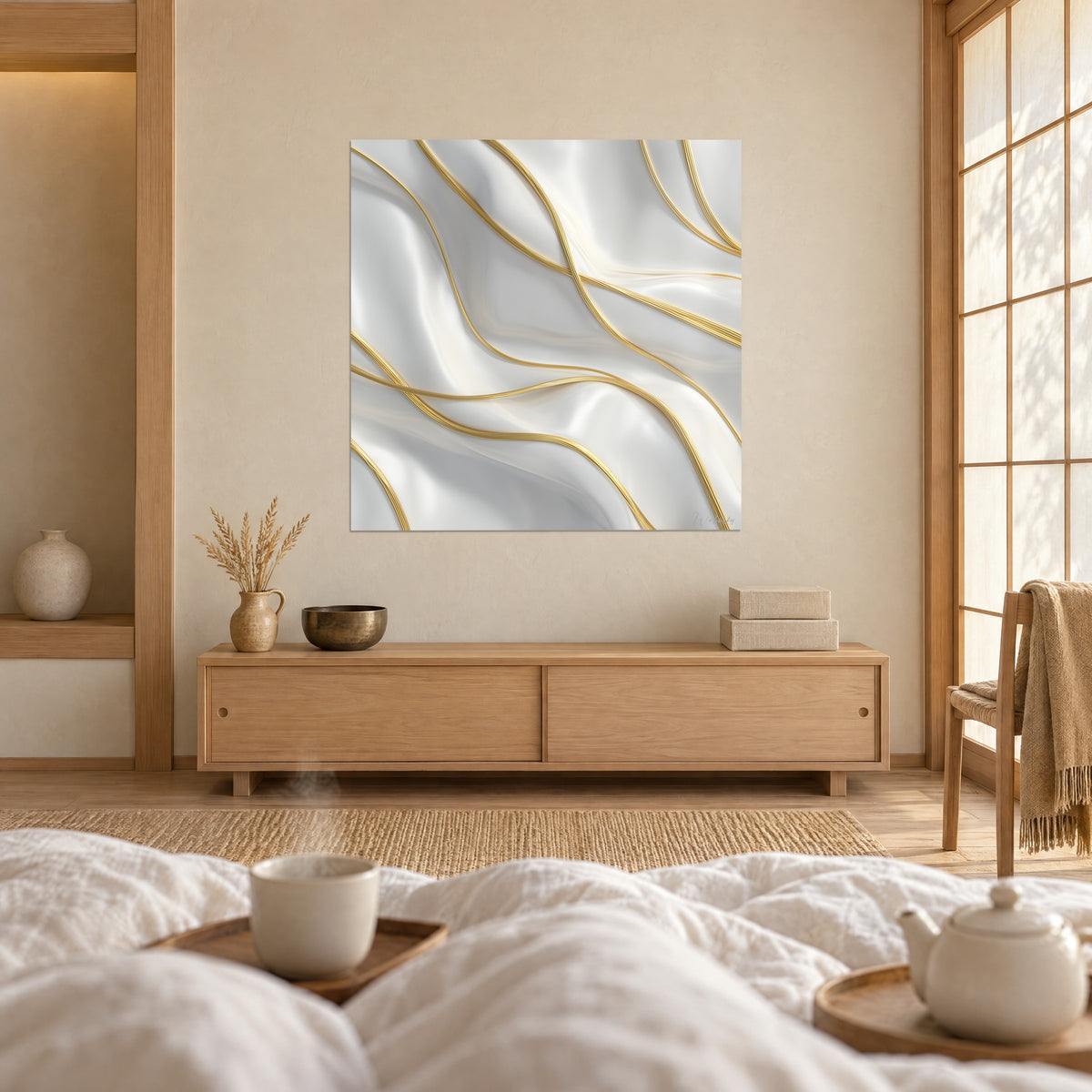 Cuadro mármol blanco crema con sinuosas vetas doradas, frente a una pareja de espaldas, sobre una cama en un dormitorio luminoso