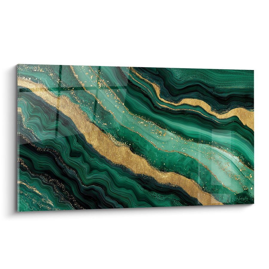 Gemälde mit grünen Wirbeln und Gold mit fließenden Adern - Emerald Symphony - Abstrakte Marmor-Edition
