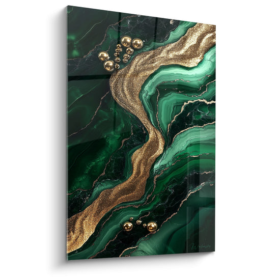 Tableau marbre abstrait aux motifs verts émeraude avec veines dorées scintillantes et sphères métalliques en relief
