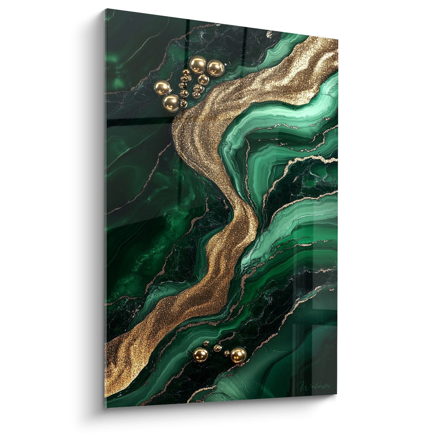 Tableau motifs verts émeraude et veines dorées scintillantes - Luxe minéral - Edition Marbre abstrait