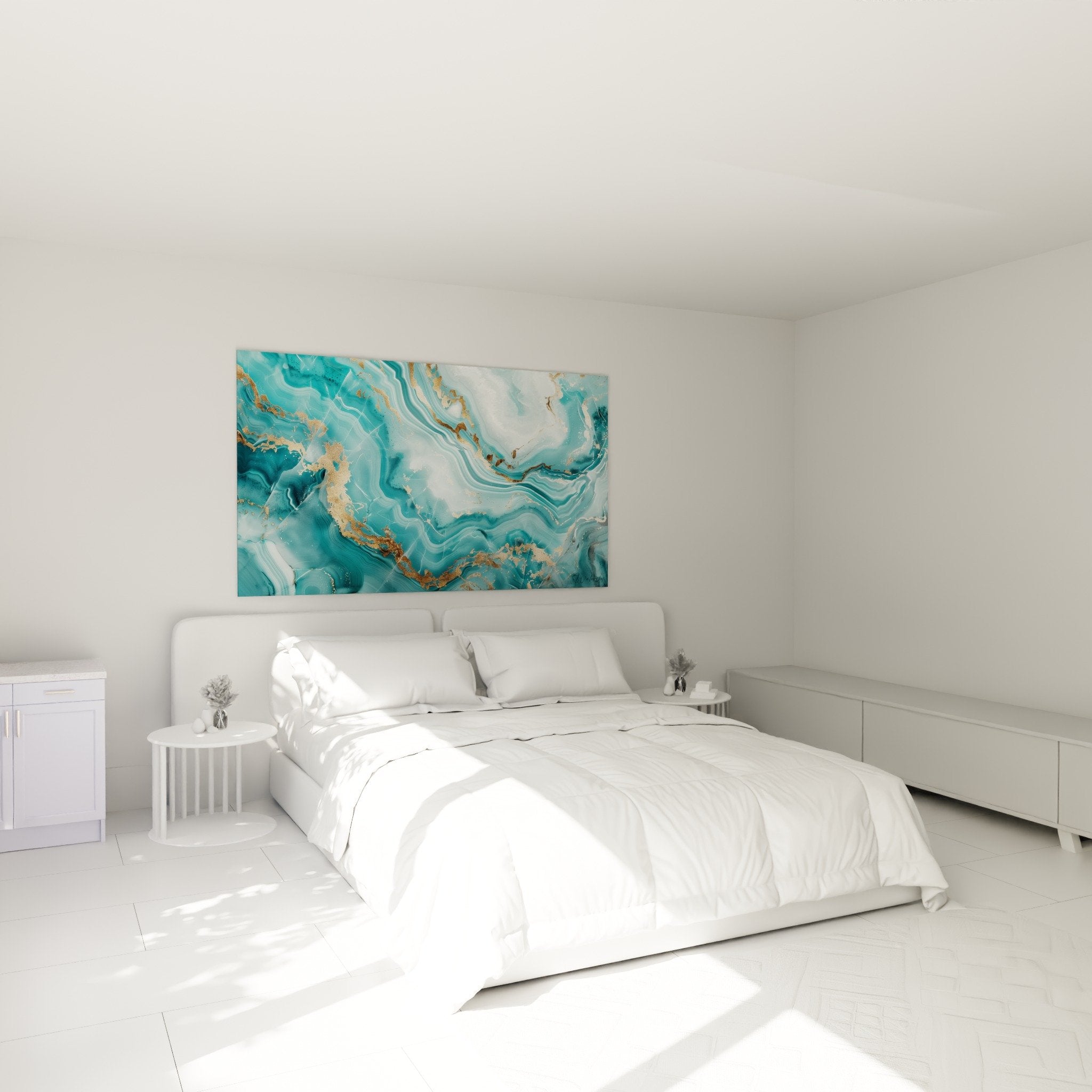 Tableau abstrait marbre bleu turquoise et or dans chambre moderne, ambiance zen et sophistiquée