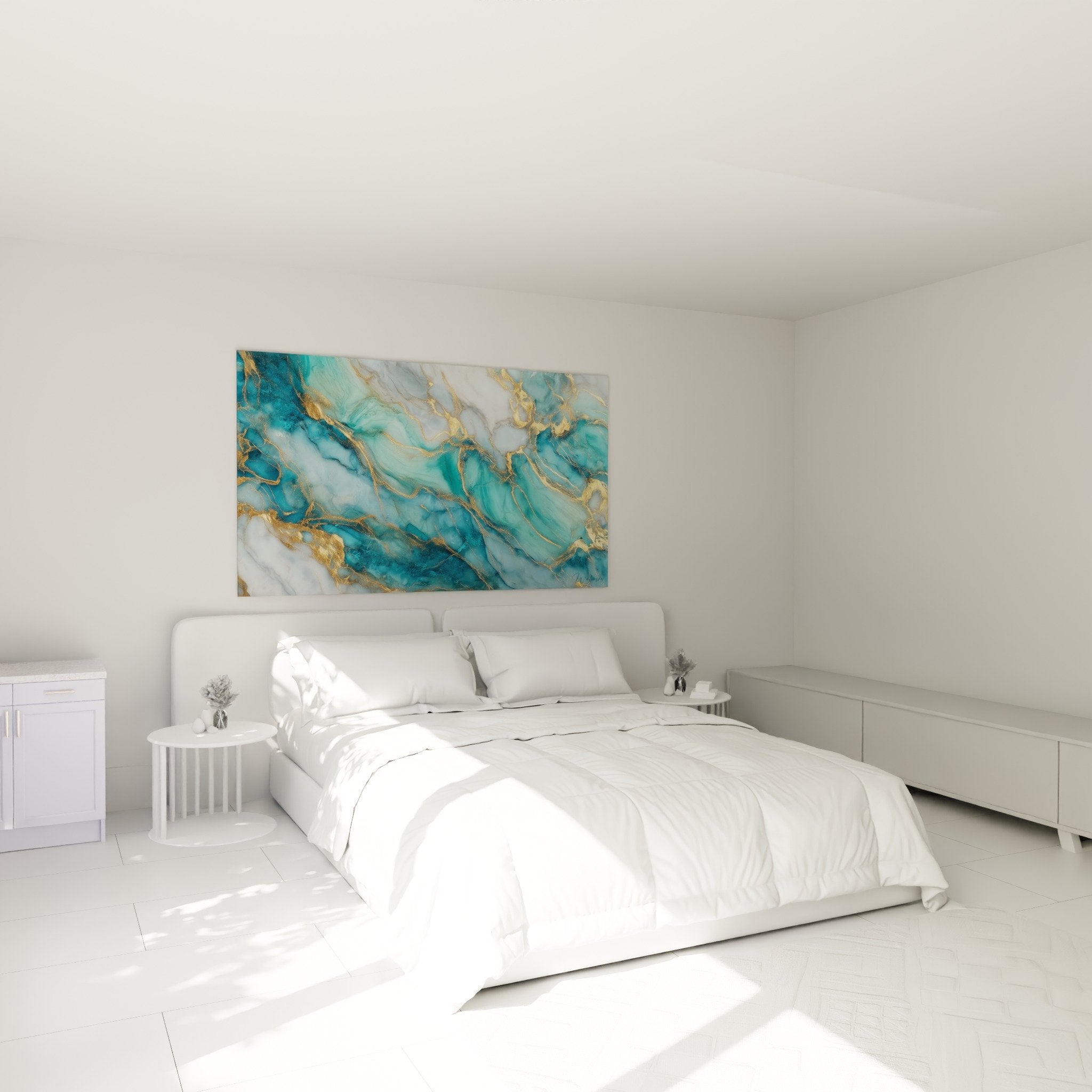 Tableau abstrait marbre bleu turquoise et or installé dans chambre moderne avec décoration épurée
