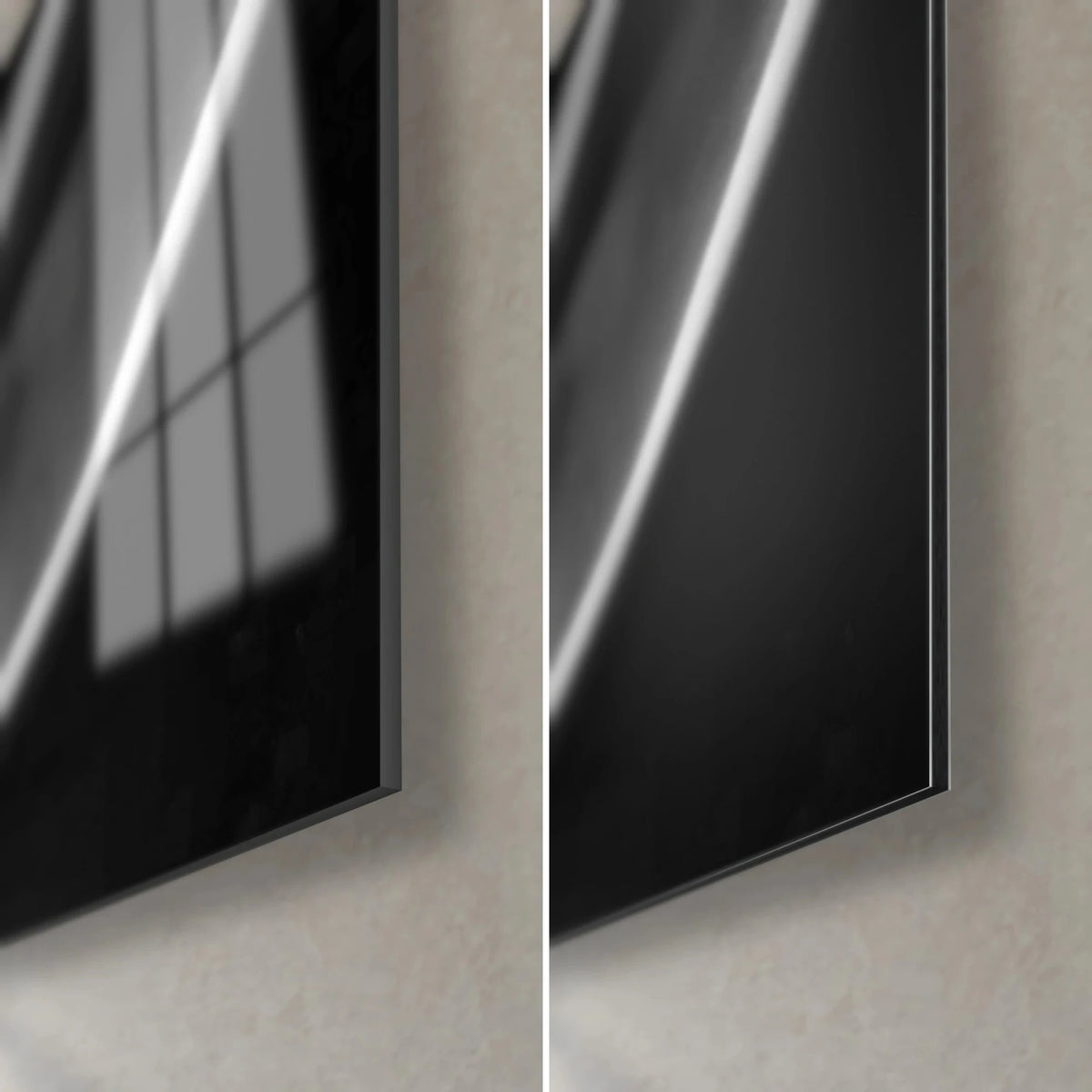 Cuadro drapeado de mármol blanco y negro, esquina inferior derecha: cristal acrílico brillante que refleja una ventana, Dibond mate gris, canto de 3 mm