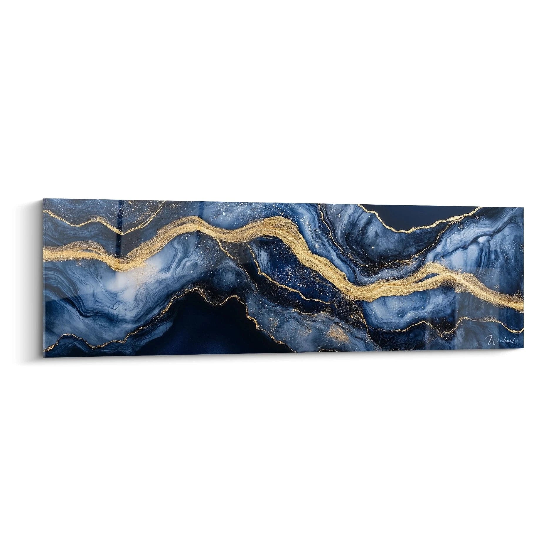 Tableau moderne abstrait bleu et doré de Walensky, parfait pour la décoration intérieure contemporaine