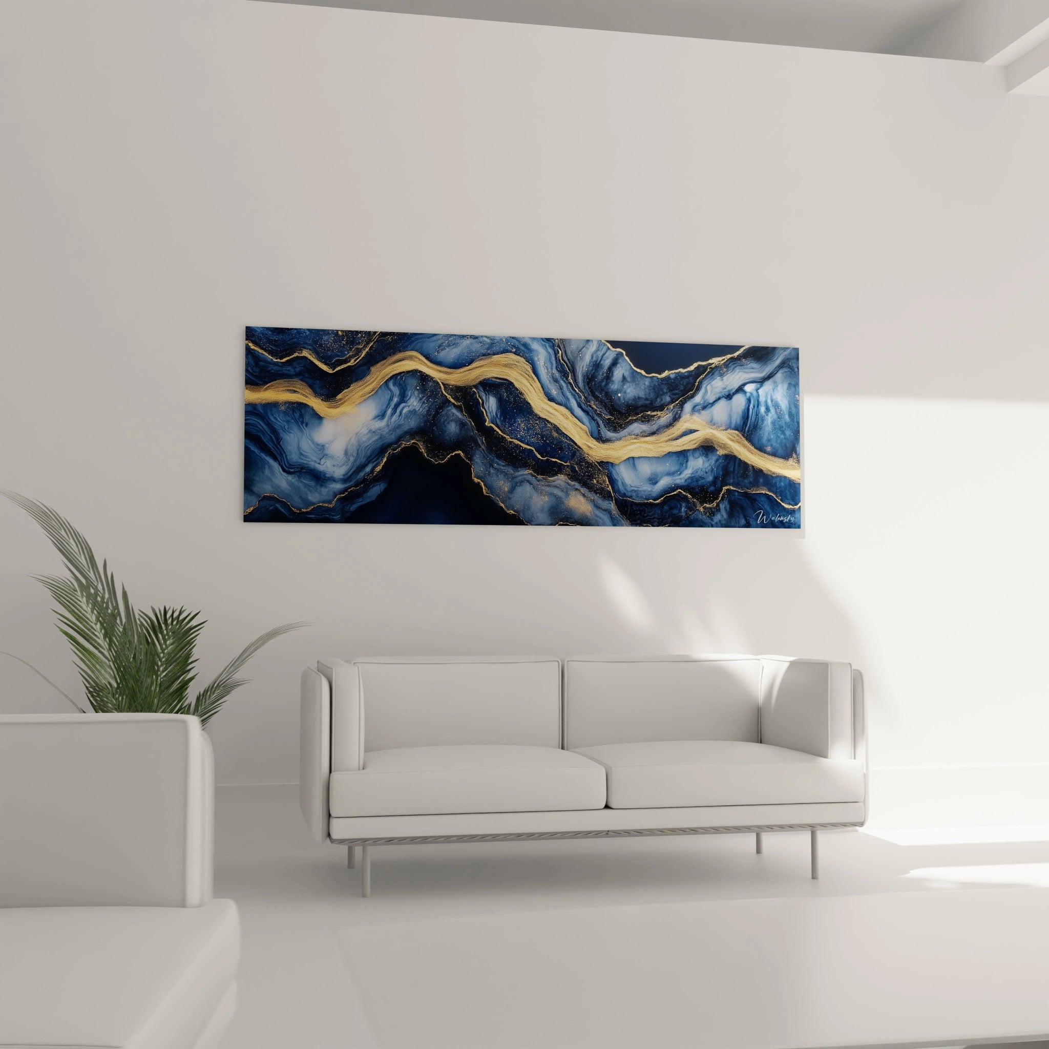 Tableau moderne abstrait de Walensky avec des motifs bleu et or, parfaitement adapté à un décor contemporain