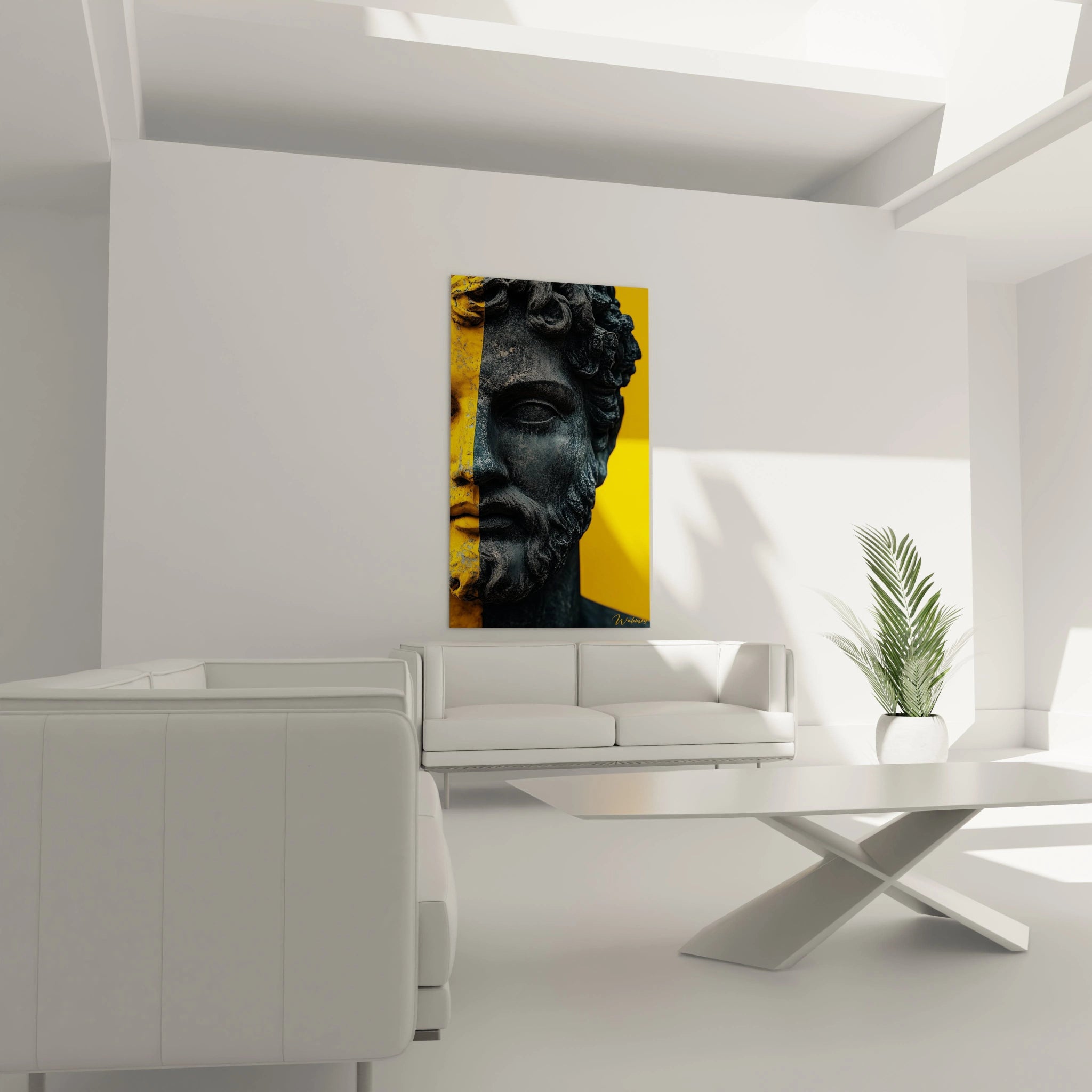 Un tableau statue néoclassique affichant un buste grec en pierre noire partiellement coloré de jaune éclatant, révélant les détails finement sculptés d'un visage serein aux traits harmonieux.
