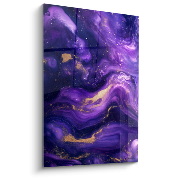 Cuadro Mármol Violeta y Oro con Volutas Doradas - Sinfonía Púrpura - Edición Mármol Abstracto