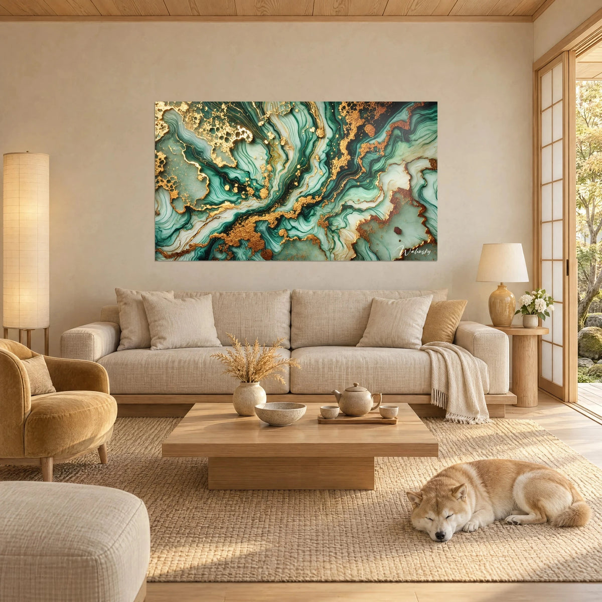 Tableau veines de malachite vert émeraude et feuille d'or craquelée, shiba endormi, au-dessus d'un canapé dans un salon lumineux