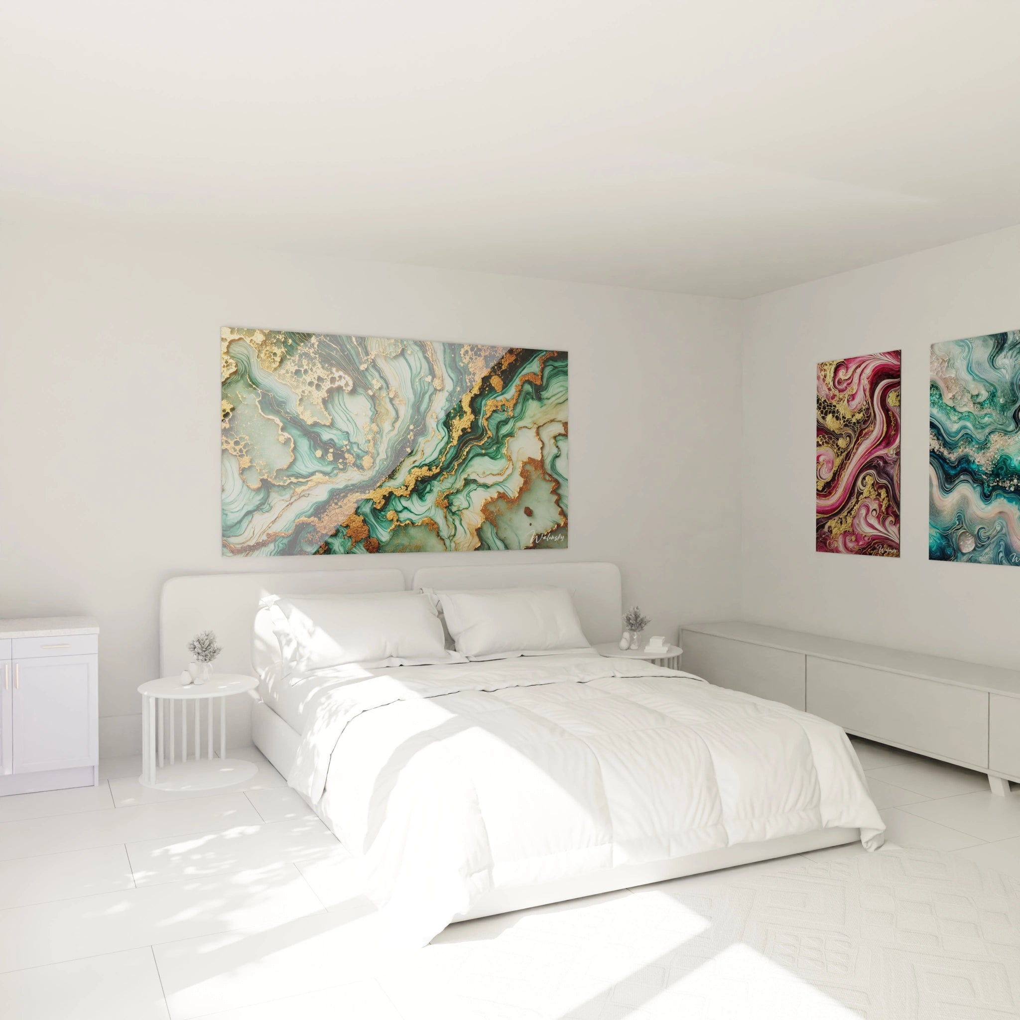 Ce tableau style epoxy accroché au-dessus du lit dans une chambre apaisante apporte une touche de sérénité avec ses teintes de vert et d'or, créant une atmosphère relaxante.

