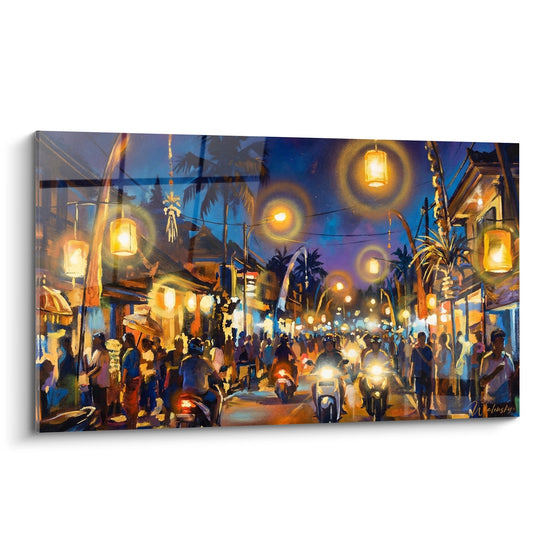 Tableau Marché Nocturne aux Lanternes Dorées et Scooters - Lumières de Nuit - Edition Bali