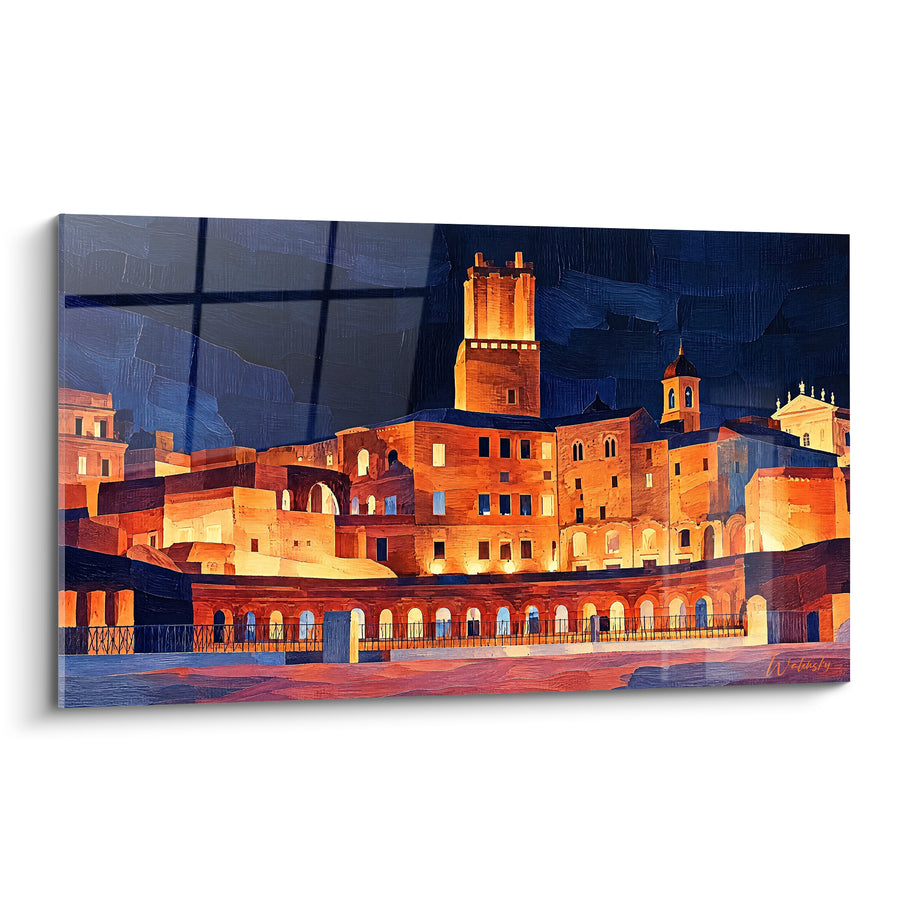 Tableau Marché antique illuminé en orange et bleu nuit - Veille nocturne romaine - Edition Marchés de Trajan Latium Italie