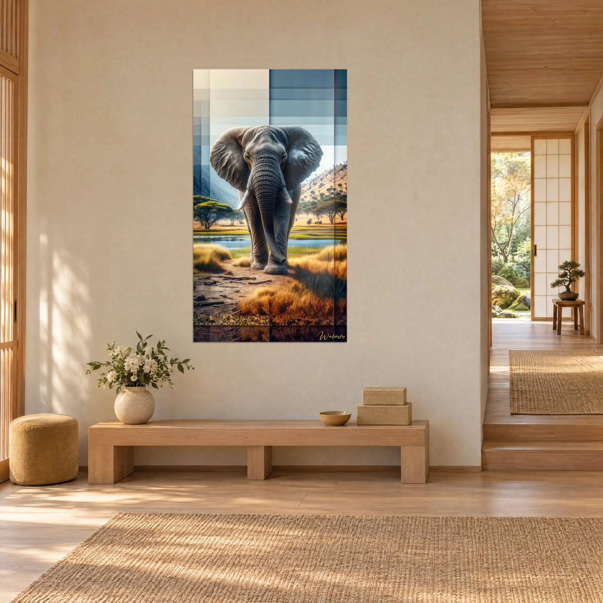 Wall art giant pachyderm, grey wrinkled trunk, golden grasses and azure watering hole, three-quarter view in a Japandi hallway
