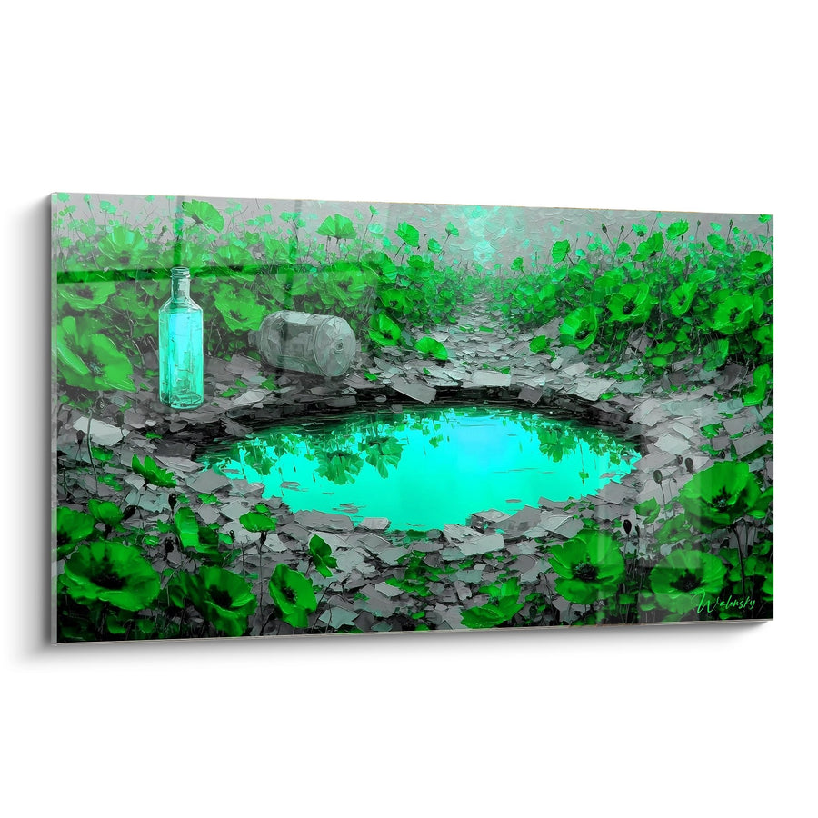 Tableau Mare Turquoise et Bouteille Vintage dans Végétation Luxuriante - Reflets Enchantés - Edition Coquelicot