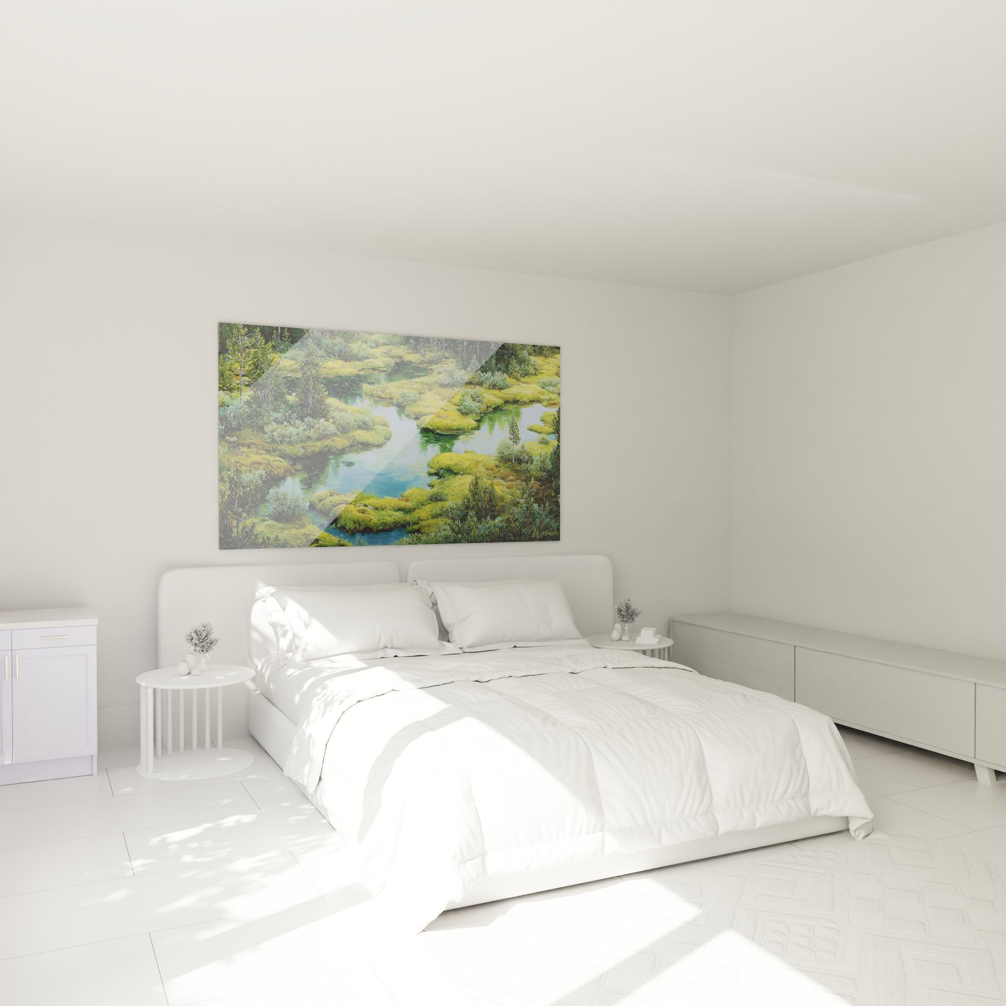 Ambiance chambre avec tableau paysage marécageux aux tons verts apaisants sur mur blanc moderne