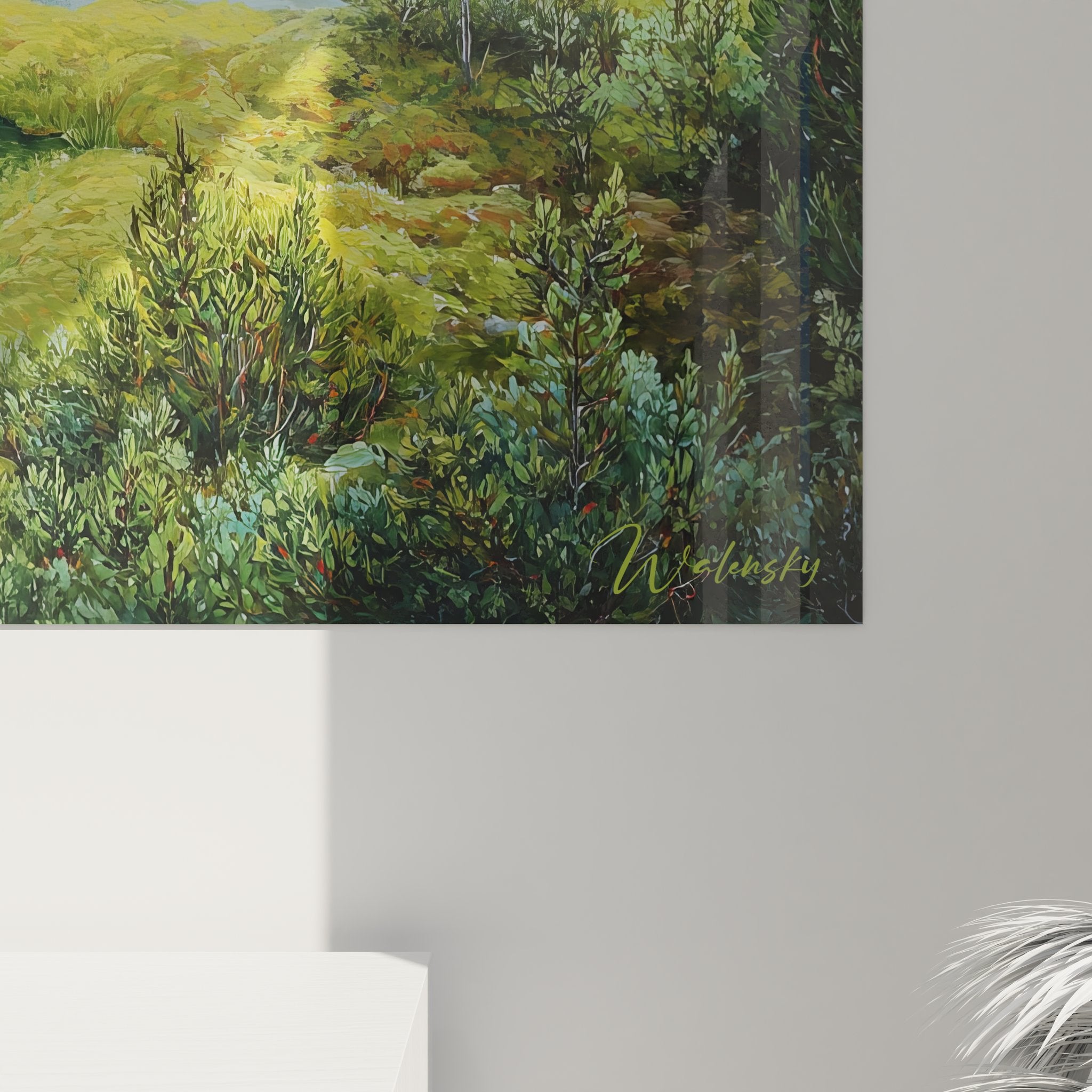 Vue ensemble tableau mural marécage boréal, décoration nature tons verts pour intérieur contemporain