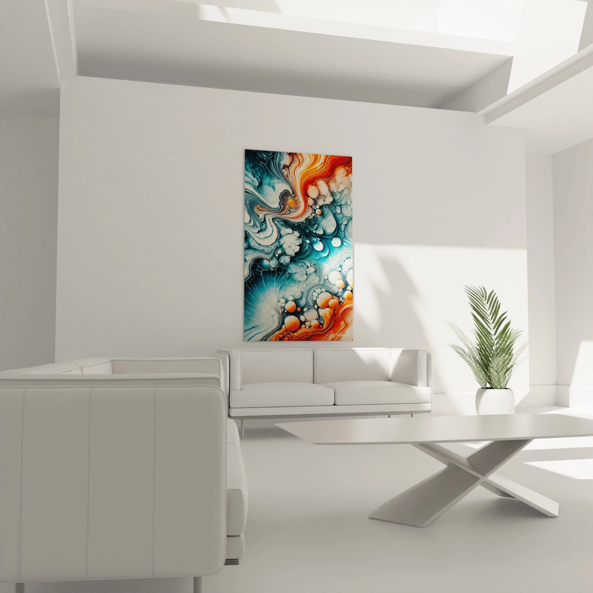 Dans le salon, ce tableau style epoxy éclate au-dessus du canapé. L’association de bleus profonds et d’orange vif anime la pièce, apportant une dynamique visuelle entre chaleur et fluidité.

