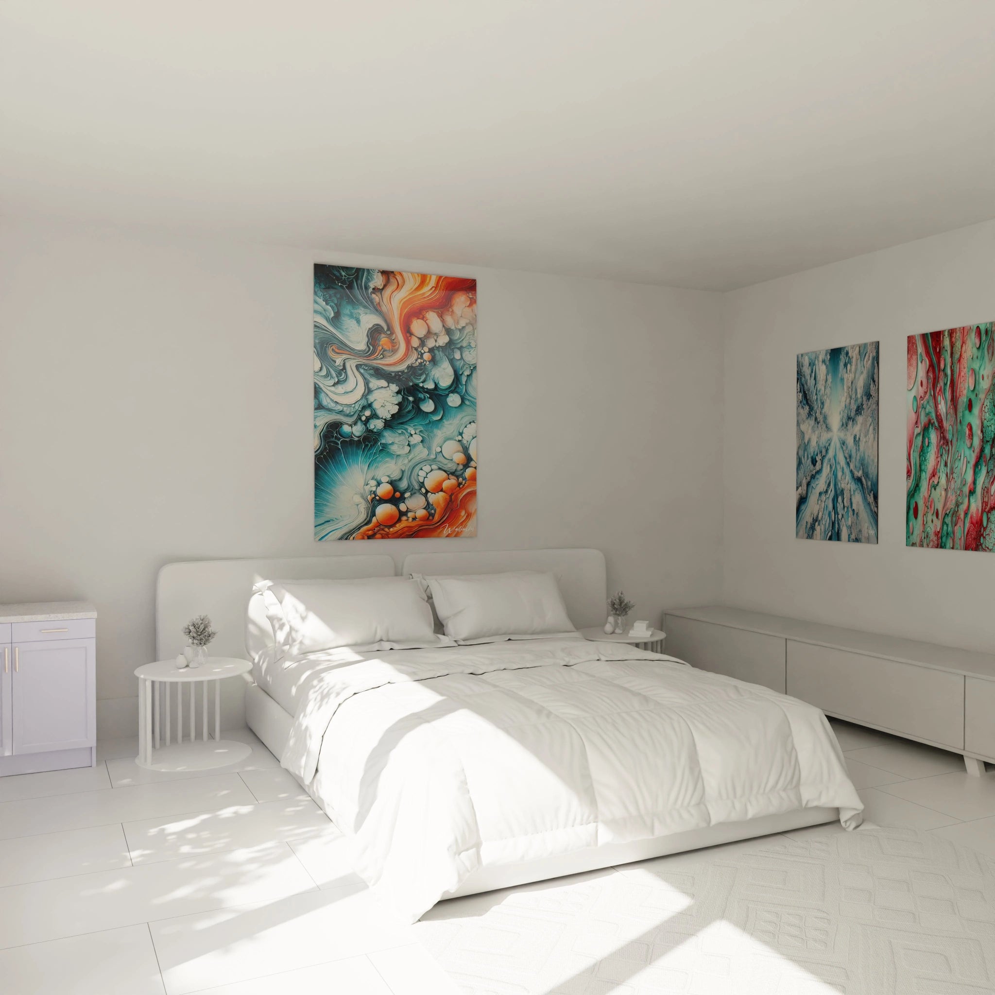 Accroché au-dessus du lit, ce tableau style epoxy évoque une collision d’éléments. Les tourbillons de bleu et d’orange apportent énergie et sérénité à la chambre, une harmonie captivante pour votre intérieur.

