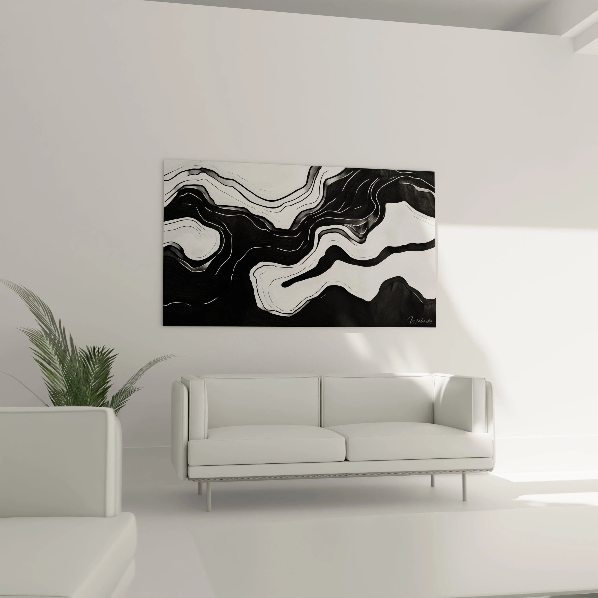 Un tableau rayures noir et blanc minimaliste composé de formes abstraites en mouvement. Les lignes courbes s'entrelacent harmonieusement, créant un jeu visuel dynamique entre zones d'ombre profondes et espaces lumineux, sur une surface aux fines striations texturées.
