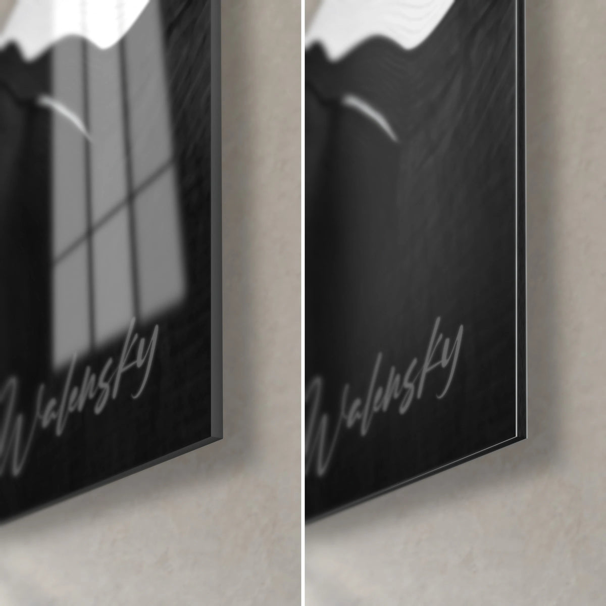 Tableau marée abstraite noir et blanc, coin bas droit : verre brillant reflétant une fenêtre, Dibond noir mat, tranche de 3 mm