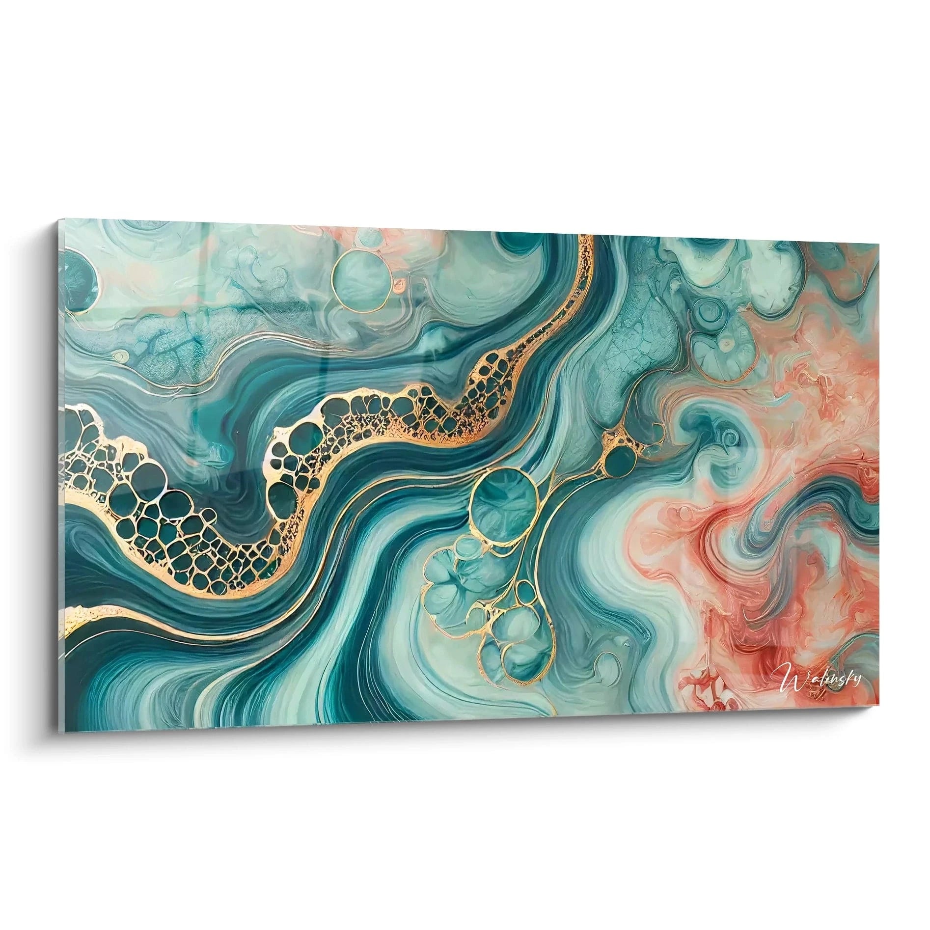 Ce tableau style epoxy présente une fusion de bleus profonds et de doré brillant. Les courbes fluides évoquent l’énergie de l'océan, avec des nuances dorées illuminant le mouvement de l'eau.

