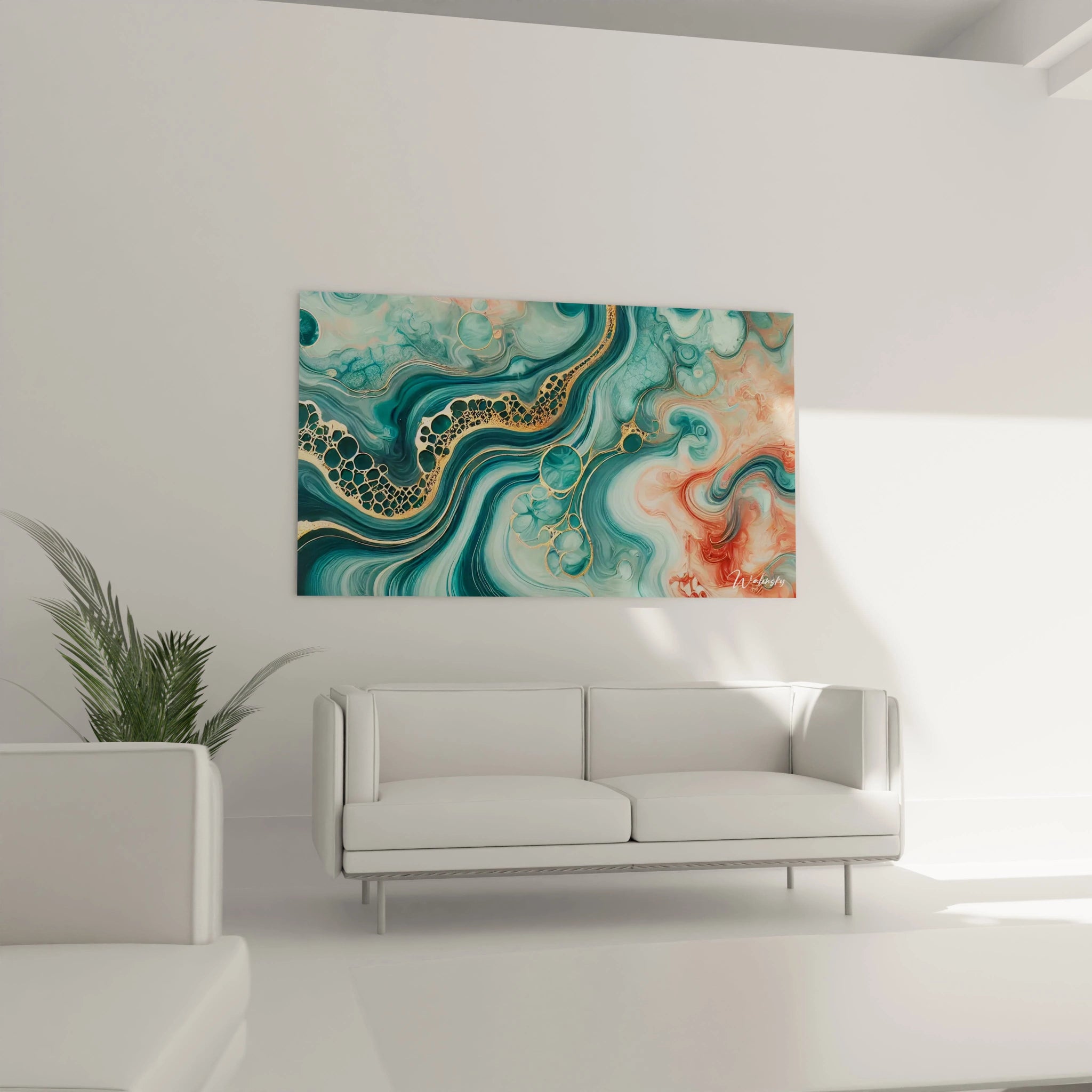 Le tableau style epoxy, suspendu au-dessus du canapé, attire tous les regards avec ses nuances marines et dorées. Il ajoute une touche dynamique et apaisante à votre salon moderne et lumineux.


